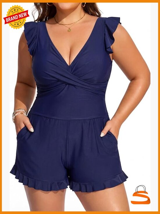 Other - Plus Size One Piece Swimsuit with Pockets Modest Swim Romper Full Coverage